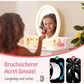 Costway 2 in 1 Kinder Schminktsich mit Hocker, Frisiertisch mit beleuchtetem Spiegel, Schublade & Schmuck-Organizer, Kosmetiktisch Prinzessin aus H... - Weiß