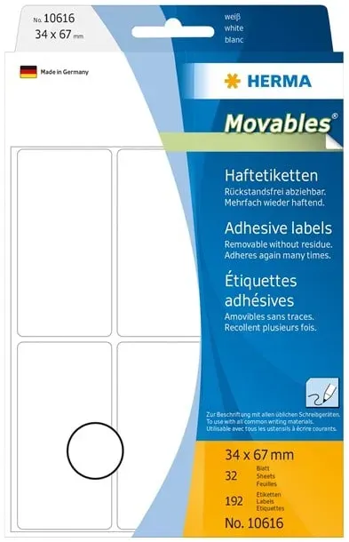 Removable multi-purpose labels 34 x 67 mm white for hand lettering