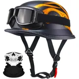 Deutsche Motorrad Jethelm ECE-Zertifizierung, Vintage Halbhelme Halbschalenhelm mit Schutzbrille Chopper Helm für Cruiser Street Scooter mit Schnellverschlussschnallen 22.4-25.2in