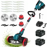 Akku Rasentrimmer mit Unkrautbürste, 21V Bürstenlose Rasenkantenschneide für Makita Akkus,4 in 1 Elektrischer Freischneider, Inkl. 2X4.0Ah Akku & Ladegerät für Garden Trimmen (Blau)