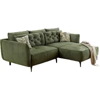 Ecksofa JOCKENHÖFER GRUPPE "Salo L-Form", grün, B:251cm T:110cm, Korpus: Veloursstoff (100% Polyester), Kissen dunkelgrün : 55% Polyester, 45% Baumwolle, Kissen dunkelgrau und hellbalu: 91% Polyester, 9% Viskose, Kissen hellgrau: 57% Polyester, 43% Baumwolle, Sofas, im Retrolook mit Wellenfederung und frei im Raum stellbar, Topseller