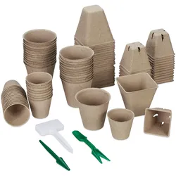 Relaxdays Anzuchttöpfe 96er Set, inklusive Zubehör, biologisch abbaubar, Anpflanztöpfchen, verschiedene Größen, braun