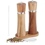 Relaxdays Salz und Pfeffermühle Set, manuell, Untersetzer, Keramikmahlwerk, Akazienholz & Edelstahl, braun/silber