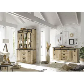 Home Affaire Wohnwand HOME AFFAIRE "SHERWOOD", braun (old style hell dekor), B:315cm H:201cm T:43cm, Kastenmöbel-Sets, Wohnwand, Scheunentorbeschlag und Apothekergriffe aus Metall, Höhe 201 cm