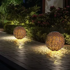 Expo Börse Solarlampe für Außen Kugel Solar Gartendeko Solarleuchte rost Erdspieß, Blumen Dekorstanzungen, Metall, LED warmweiß, D 20 cm, 2er Set