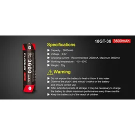 Klarus 18GT36 18650 Li-Ion Akku 3,6V 3600mAh