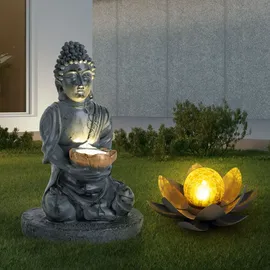 GLOBO 2er Set LED Solarleuchten, 1x Lotusblume 1x Buddha