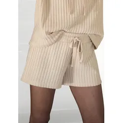 Shorts LASCANA, Damen, Gr. 36/38, N-Gr, beige (sand, meliert), Rippware, Obermaterial: 56% Polyester, 41% Viskose, 3% Elasthan, unifarben, meliert, Basic, Basic kurz, Hosen, Lounge-/ Strickshorts meliert mit Bindeband, Loungewear
