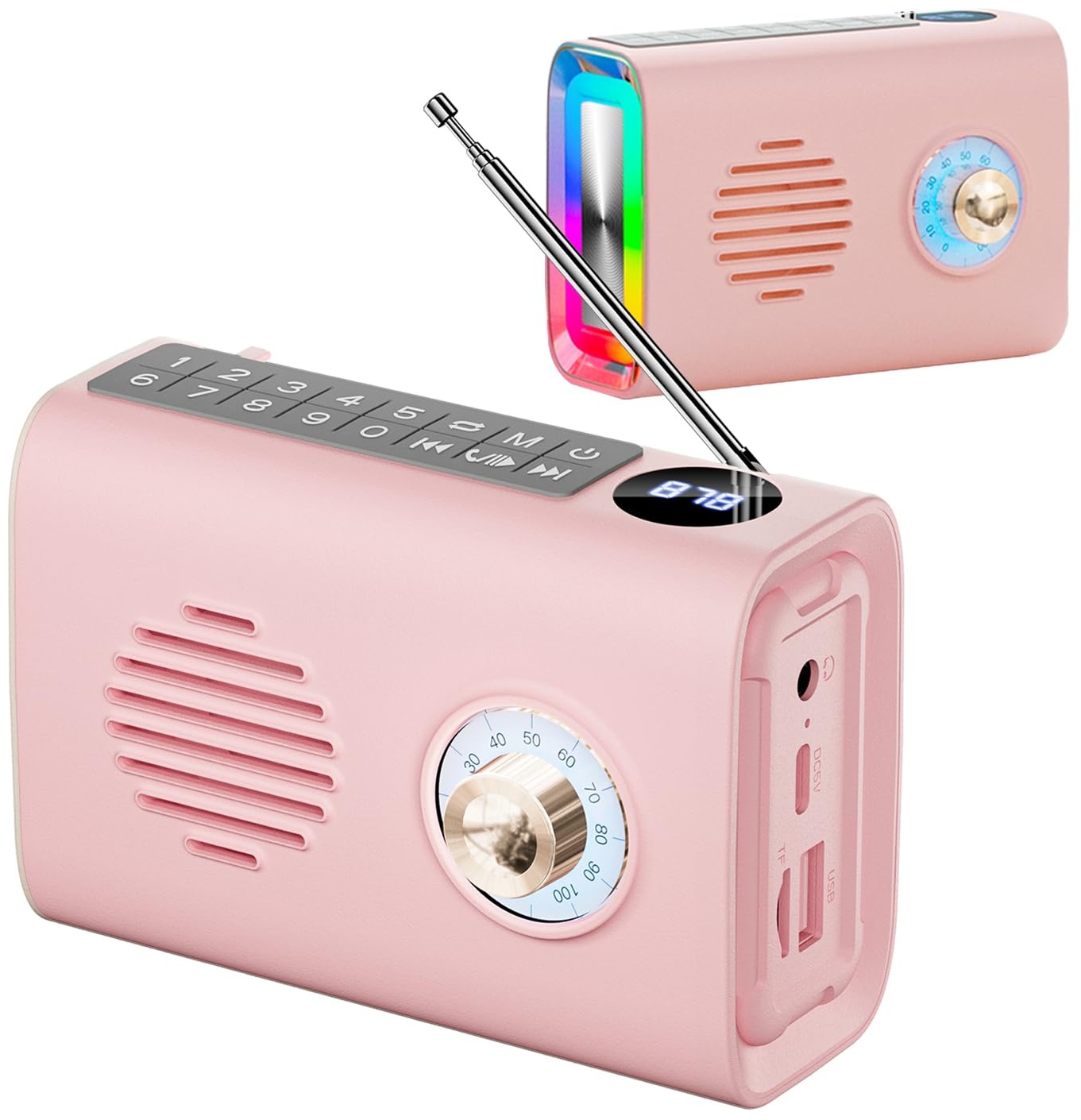 Portable Bluetooth Speaker With Light,Vintage FM Radio With RGB Light, Strong Bass Enhancement,with U Disk/TF Card/Aux Player Function,Solar Powered Wireless Speakers for Home, Office Decor (Rosa)