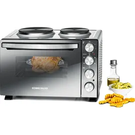 Rommelsbacher Kleinküche KM 3300-2 Gussheizplatten, 30 Litern Volumen, Ober-/Unterhitze, Umluft, Drehspieß, 3 Einschubebenen, 3... - Silber