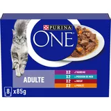 PURINA ONE | Alleinfuttermittel | ausgewachsene Katze | in Sauce konisch | hilft bei der Aufrechterhaltung eines starken Immunsystems | Lamm, Seefisch, Rind, Huhn | Einzelportion | Beutel | 8 x 85 g