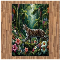 Teppich Flachgewebe Deko-Teppiche für das Wohn-,Schlaf-, und Essenszimmer, Abakuhaus, rechteckig, Katze Wildleopard im bunten Dschungel grün 160 cm x 230 cm