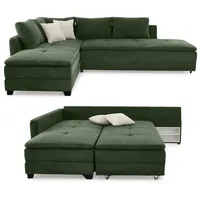 luma-home Federkern Ecksofa 306x223 cm Boxspring Topper, Schwenkteil beidseitig montierbar, Cord Grün / 15164