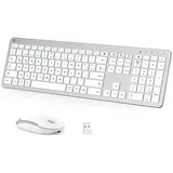 iClever GK08 Teclado y Ratón Inalámbricos - Tipo-C Teclado Recargable Ergonómico Silencioso de Tamaño Completo, 2.4G Conexión Estable Teclado y Ratón Mac Delgado para Ordenador Windows Mac OS, Blanco