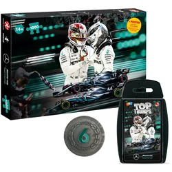 Mercedes Formel 1 Spielepaket: Puzzle + Top Trumps Kartenspiel + Sammler-Münze für Motorsport-Fans