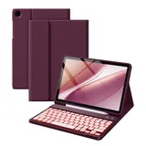 Vobafe Hülle mit Tastatur für Samsung Galaxy Tab A11+ Plus 11 Zoll 2025 / Tab A9+ Plus 2023, 7 Farben Beleuchtete mit Abnehmbare Tastatur, TPU Rückschale mit Stifthalter, QWERTZ, Dunkelkirsch