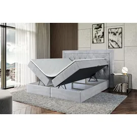 altdecor Boxspringbett mit Matratze (20 cm hoch) und Topper (4 cm hoch), Polsterbett mit Kopfteil und Bettkasten - NOEL - 180x200 - H4 / Hellgrau Samt - Hellgrau