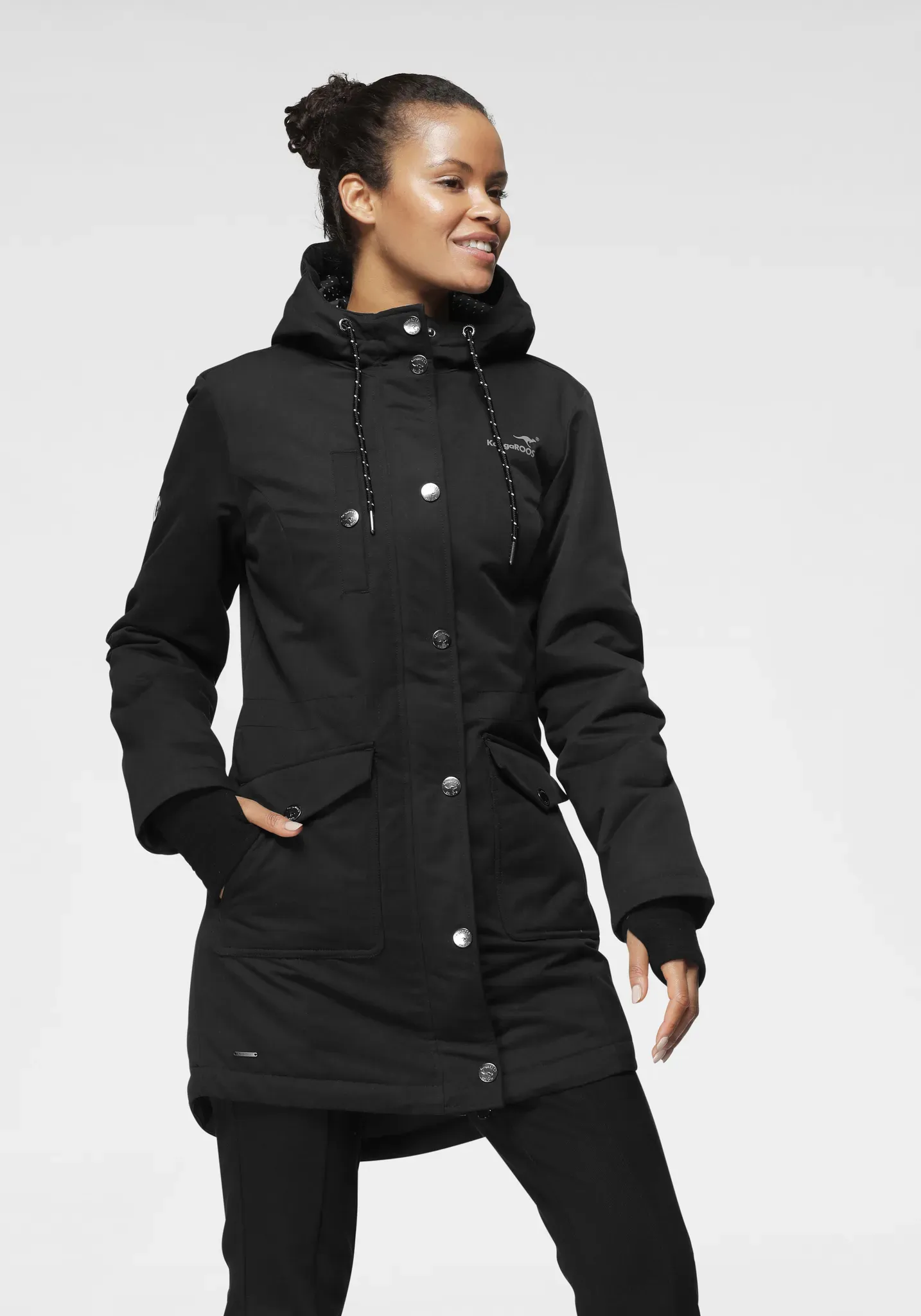 Langjacke KANGAROOS, Damen, Gr. 34, schwarz, Web, Obermaterial: 100% Polyester. Futter: 100% Polyester. Wattierung: 100% Polyester, gepunktet, kontrastfarbene Details, unifarben mit Farbeinsatz, figurumspielend Po-bedeckend, Jacken Langjacke, mit 2-Wege-Reißverschluss