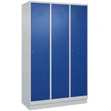 C+P Spind Classic PLUS, Sockel, 3 Abteile, HxBxT 195x120x50cm, Zylinderschloss, Hellgrau/Enzianblau von PROREGAL