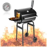 tectake Holzkohlegrill Smoker mit Deckel und Thermometer, mit 2 Rädern schwarz