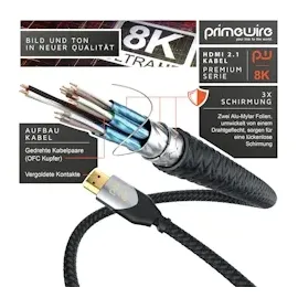 Primewire 8k HDMI Kabel 2.1, Ultra High Speed II mit Ethernet, 8K UHD II, 3D TV, HDR10+ - 4320p 120 Hz mit DSC, - 5 m