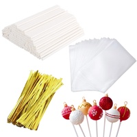 LIERFIS 300 Stück Cake Pop Stiele Set, 100 Stück 10cm Papier Lollipop Sticks Cakepopstiel,100 Stück Paketsäcke und 100 Stück Krawatten Verdrehen, für Cakepop, Lollipop, Hartbonbon