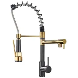 Schwarz-goldene Duscharmatur mit Kalt- und Warmwassermischer und doppeltem Auslaufkran