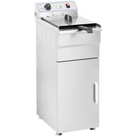 Royal Catering Friteuse Fritteuse mit Unterschrank (Kapazität 16 L, 6000 W, 400 V, 60–200 °C, 34 x 53 x 94 cm, Edelstahl, inkl. Korb und Deckel)