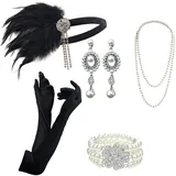 DRESHOW 1920s Flapper Accessoires Set Damen Kostüm Gatsby Feder Lange Halskette Handschuhe Stirnband Funkelnde Ohrringe - Einheitsgröße