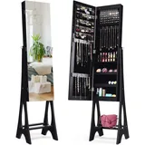 Costway 2 In 1 Schmuckschrank Standspiegel Abschliessbar, Ganzkoerperspiegel Mit Schmuck Aufbewahrung, Spiegelschrank Mit 12 Leds Freistehend Schwarz