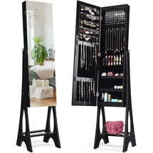 Costway 2 In 1 Schmuckschrank Standspiegel Abschliessbar, Ganzkoerperspiegel Mit Schmuck Aufbewahrung, Spiegelschrank Mit 12 Leds Freistehend Schwarz