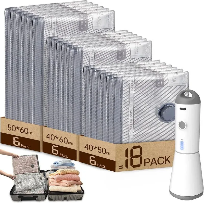 HOMOH Vakuumbeutel für Kleidung mit kabelloser Vakuumpumpe, 18er-Pack (6x 40x50 cm, 6x 40x60 cm, 6x 50x60 cm), wiederverwendbare Vakuumbeutel für Reisen, Bettdecken, Umzug und Bettwäsche