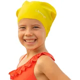 Limmys Premium Badekappe Kinder, badehaube Kinder - Langes und kurzes Haar Schwimmkappe Kinder und Badekappe für Mädchen Jungen – Hochwertige Qualität, Dehnbare & Bequeme Badekappe (L, Gelb L)