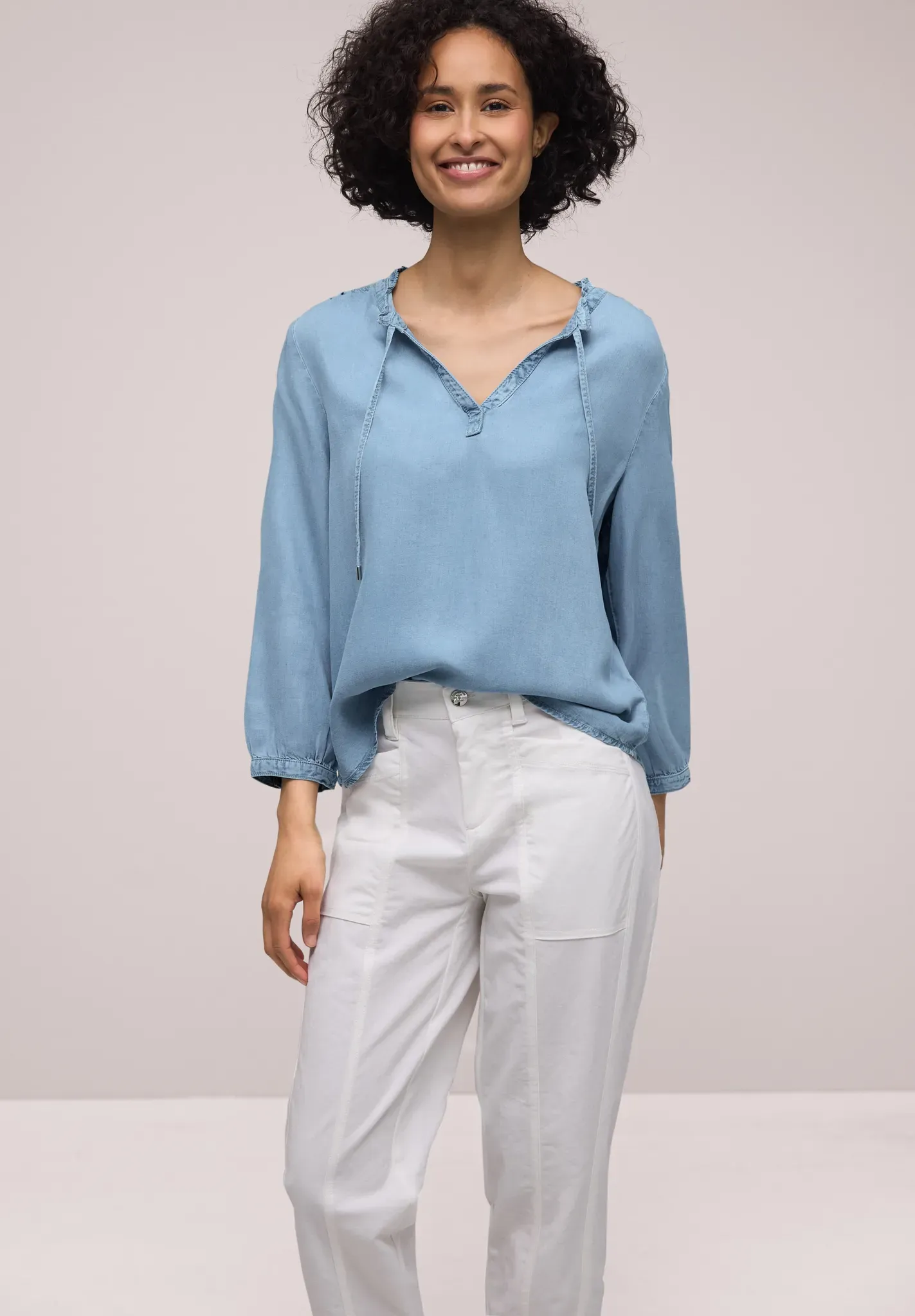 Jeansbluse STREET ONE, Damen, Gr. 36, light blau soft wash, Jeans, 100% Lyocell, unifarben, klassisch normal, Rundhals, Bündchen, Blusen Jeansbluse, in Denim-Optik