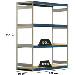 PROREGAL Weitspannregal ELCH Stecksystem T-Profil | Grundregal | HxBxT 250x201x80cm | 4 Ebenen | Spanplatten-Fachboden | Fachlast 400kg | Enzianblau