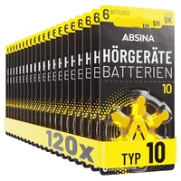 ABSINA Hörgerätebatterien 10 120 Stück mit gut greifbarer Schutzfolie - Hörgeräte Batterien 10 Zink Luft mit 1,45V - Typ 10 Batterien Hörgeräte Gelb - PR70 ZL4 P10 Hörgerätebatterien