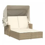 vidaXL Doppel-Sonnenliege mit Dach und Auflagen Beige Poly Rattan