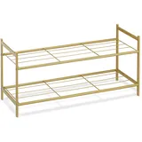 Relaxdays Metall Schuhregal, 2 Ebenen, stapelbar, Flur Schuhgestell HBT 33,5 x 70 x 26 cm, 6 Paar Schuhe, offen, gold
