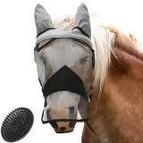 valuents Fliegenmaske für Pferde in grau – Fliegenhaube – Nüsternschutz – UV Schutz – in 4 Größen für Pony +Plus: Pferdebürste