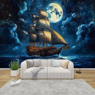 PaxGloz Fototapete Segelschiff Sternenhimmel Mond Meer Tapete Fantasie Maritim Tapeten Vliestapete Modern Wandtapete Wohnzimmer Schlafzimmer Kinderzimmer Wanddeko Motivtapeten 250 x 175 cm (B x H)