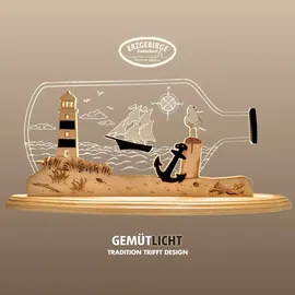 Weigla LED Dekolicht WEIGLA "Flaschenpost "Maritim" aus Holz & Acrylglas", natur, weiß, braun, H:22cm L:47cm T:8,2cm, Leuchten, Erzgebirge garantiert, maritime Innendeko, Dekolampe