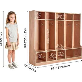 Vevor Offener Kinderkleiderschrank aus Holz, Kindergarderobe mit 10 Haken & 15 Fächern (5 Groß + 10 Klein), Garderobenregal & Aufbewahrungsregal für Kinderzimmer Zuhause Kindergarten Kita