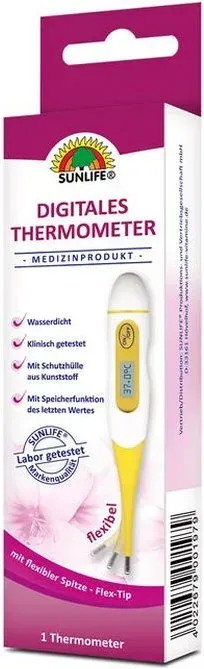 Sunlife Digitales Thermometer inkl. Batterie & Schutzhülle - Digitales Temperaturmessgerät mit Signal & Speicherfunktion - Fieberthermometer flexible Spitze - Thermometer für oral, rektal & axillar