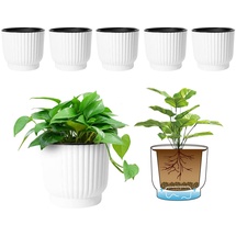 T4U 15cm Selbstbewässerung Blumentopf mit Untersetzer, Blumentopf Draussen und Innen für Orchideentopf, Kunststoff Selbstbewässerungstopf Klein Weiß 6er-Set