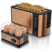 Arendo Frühstücks Set, 4-Scheiben Langschlitz Toaster mit Brötchenaufsatz & Eierkocher für 6 Eier, Kupfer, Eierkocher, Kupfer