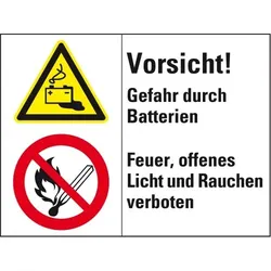 Aufkleber I Kombischild mit Symbolen Vorsicht! Gefahr durch Batterien..., Folie, 200x150mm
