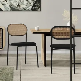 ML-Design Esszimmerstühle 2er Set, Schwarz, mit Rattan Rückenlehne Gepolsterte Stühle mit Gebogener Netzrücke, Rattanstuhl mit Metallbeinen, Polsterstühle Akzentstühle für Esszimmer Küche