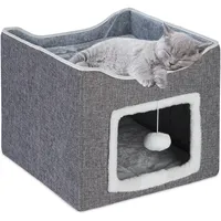 Relaxdays Katzenhöhle, Hxbxt: 32 x 40 x 40 cm, Kratzfläche, Katzenspielzeug, 2 Katzenkissen, faltbares Katzenhaus, grau