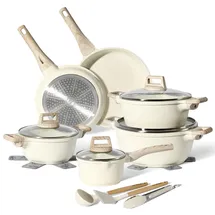 just perfecto household appliances JUST PERFECTO Topf und Pfannenset Induktion - Pfannenset mit deckel - Induktions Töpfe Set - Töpfe und pfannen set ohne PTFE und PFOA - Kochtopfset induktion (15-Teilig Beige)