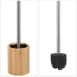 Relaxdays Silikon Toilettenbürste, antibakteriell, Klobürste mit Wechselbürstenkopf, Bambus Bürstenhalter, natur/silber,